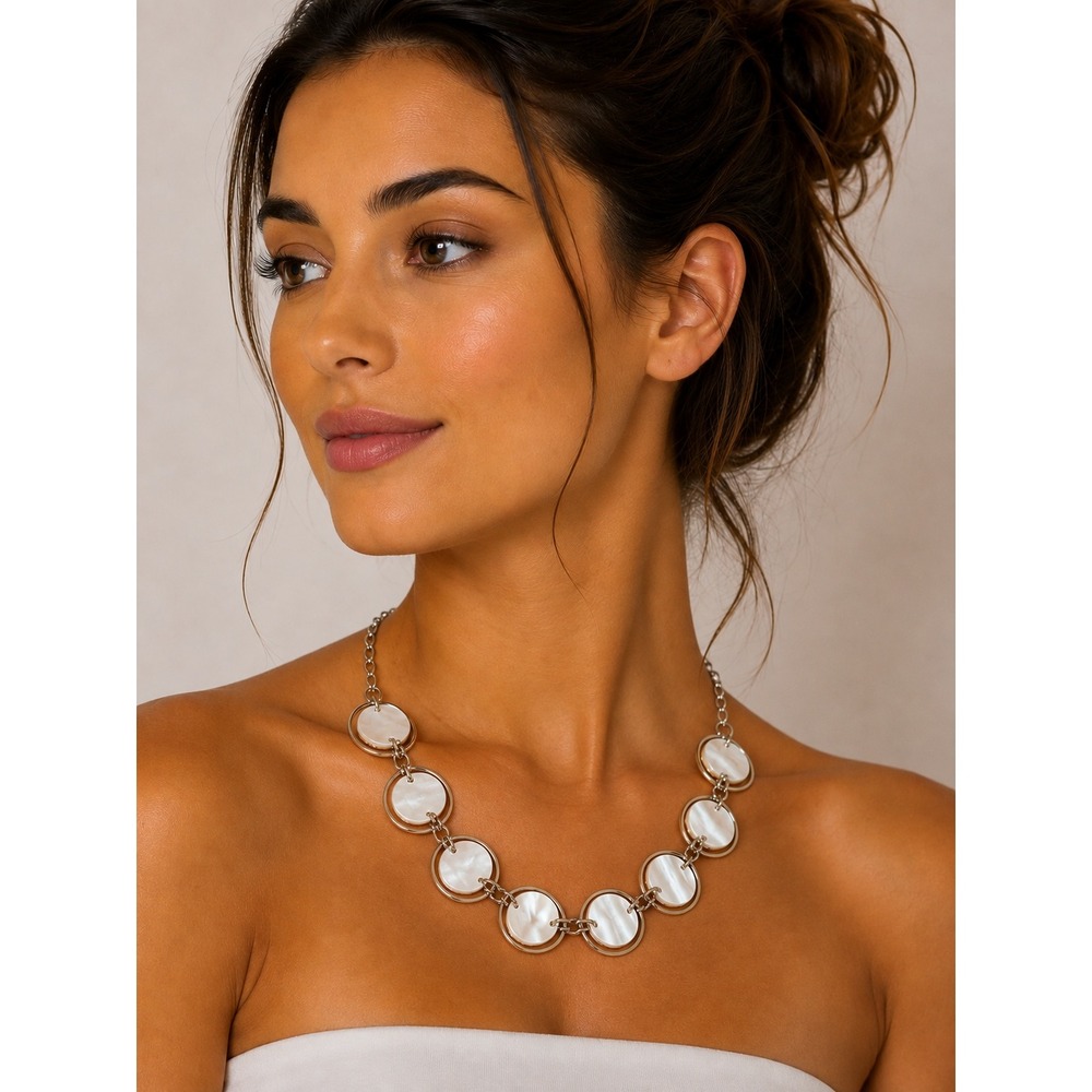 Vintage Limited Mother-of-Pearl Shell Disc Long Necklace – Silver Tone